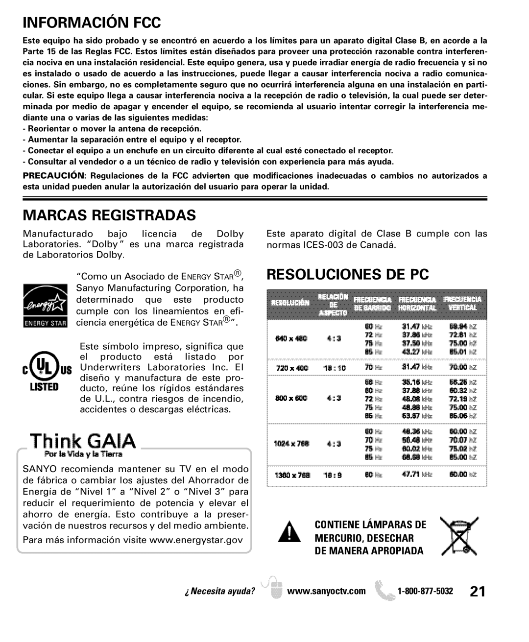 Sanyo DP32649 owner manual Información FCC, Marcas Registradas, Resoluciones DE PC 