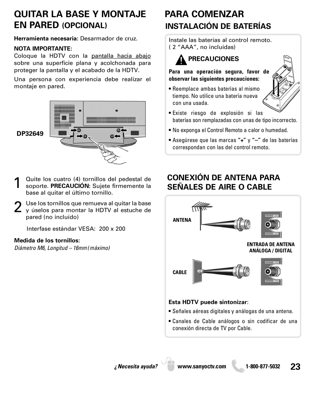 Sanyo DP32649 Para Comenzar, Instalación DE Baterías, Conexión DE Antena Para Señales DE Aire O Cable, Nota Importante 