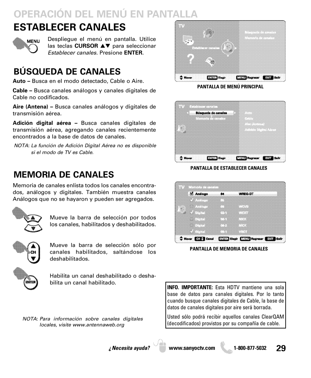 Sanyo DP32649 owner manual Operación DEL Menú EN Pantalla, Búsqueda DE Canales, Memoria DE Canales 