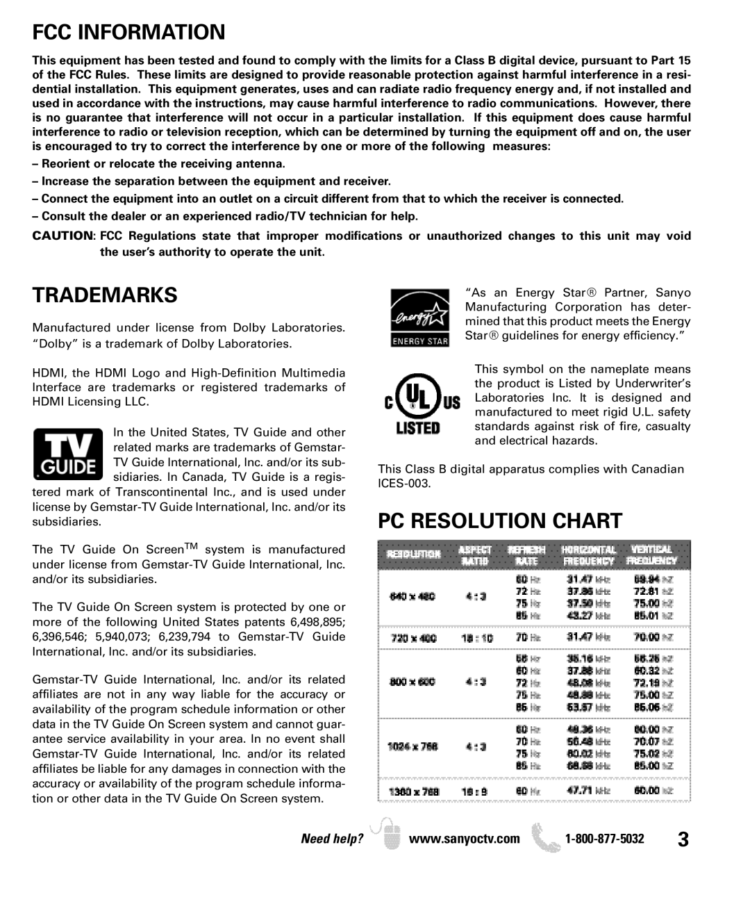 Sanyo DP32649 owner manual FCC Information, Trademarks, PC Resolution Chart 