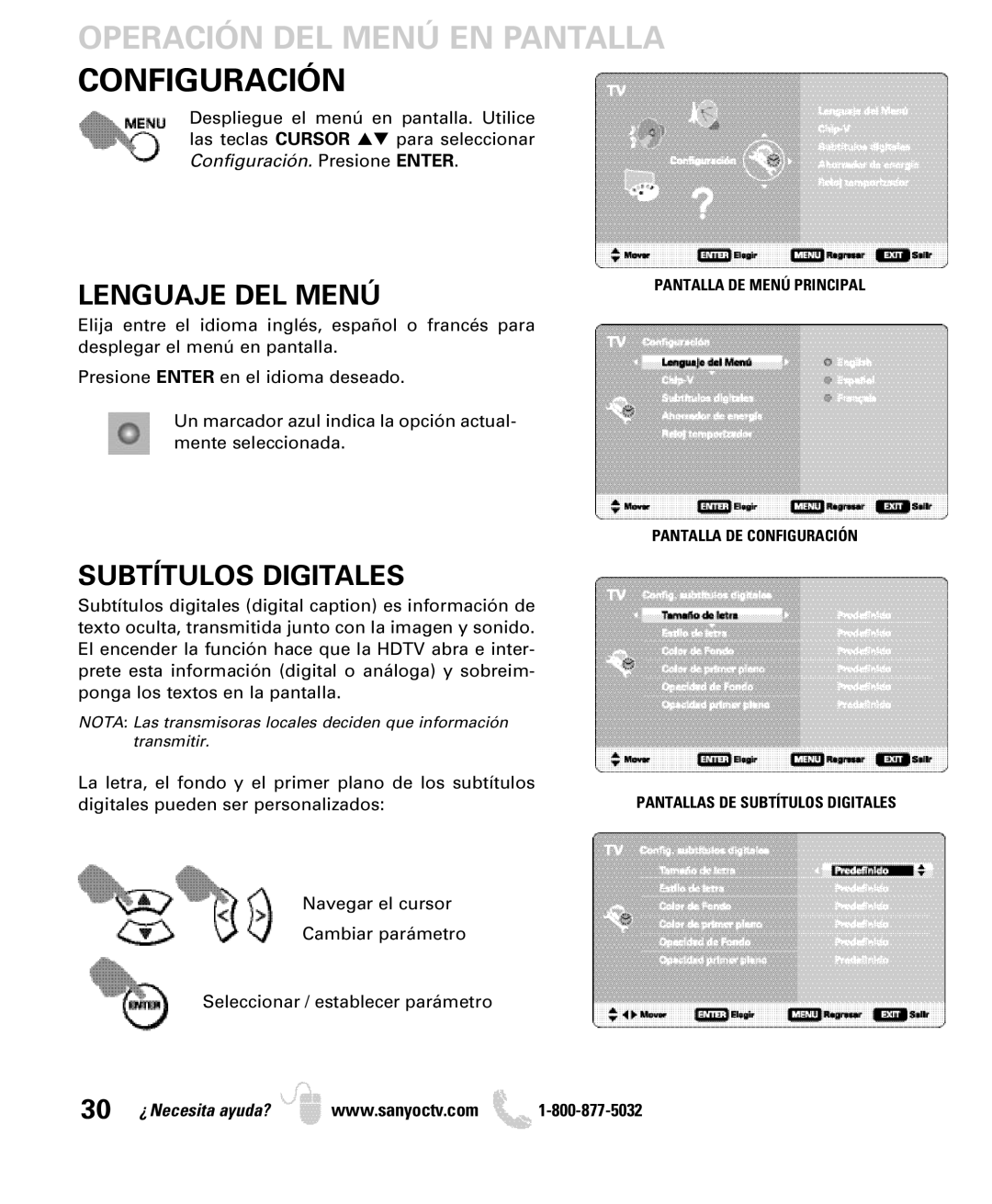 Sanyo DP32649 owner manual Operación DEL Menú EN Pantalla Configuración, Lenguaje DEL Menú, Subtítulos Digitales 