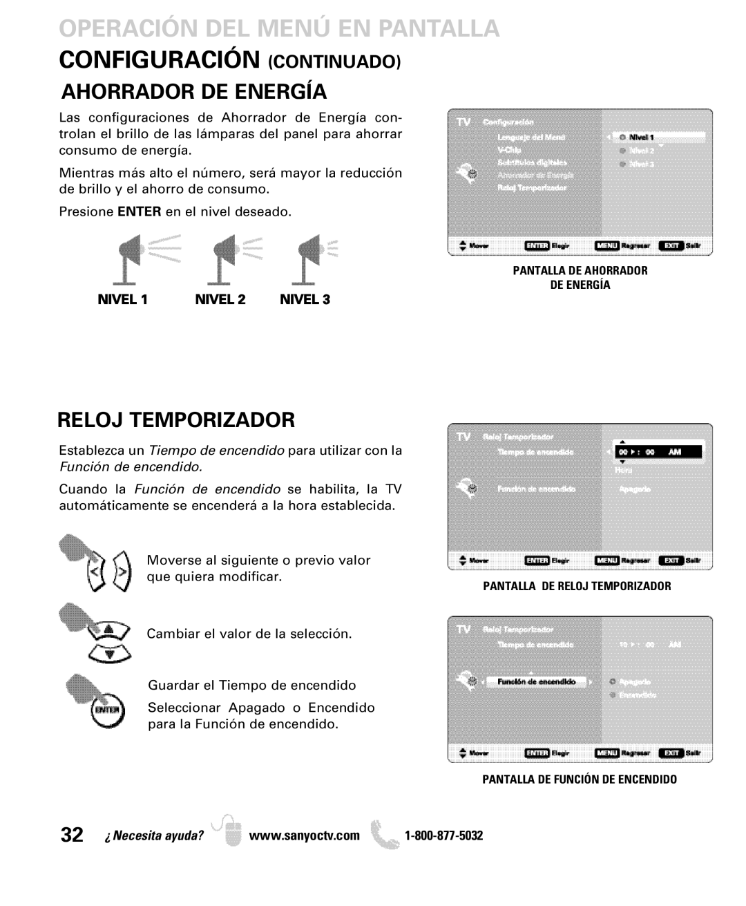 Sanyo DP32649 owner manual Ahorrador DE Energía, Reloj Temporizador, Nivel, Función de encendido 