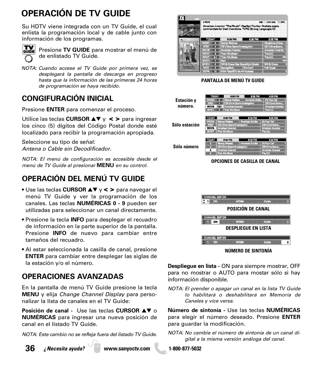 Sanyo DP32649 owner manual Operación DE TV Guide, Congifuración Inicial, Operación DEL Menú TV Guide, Operaciones Avanzadas 