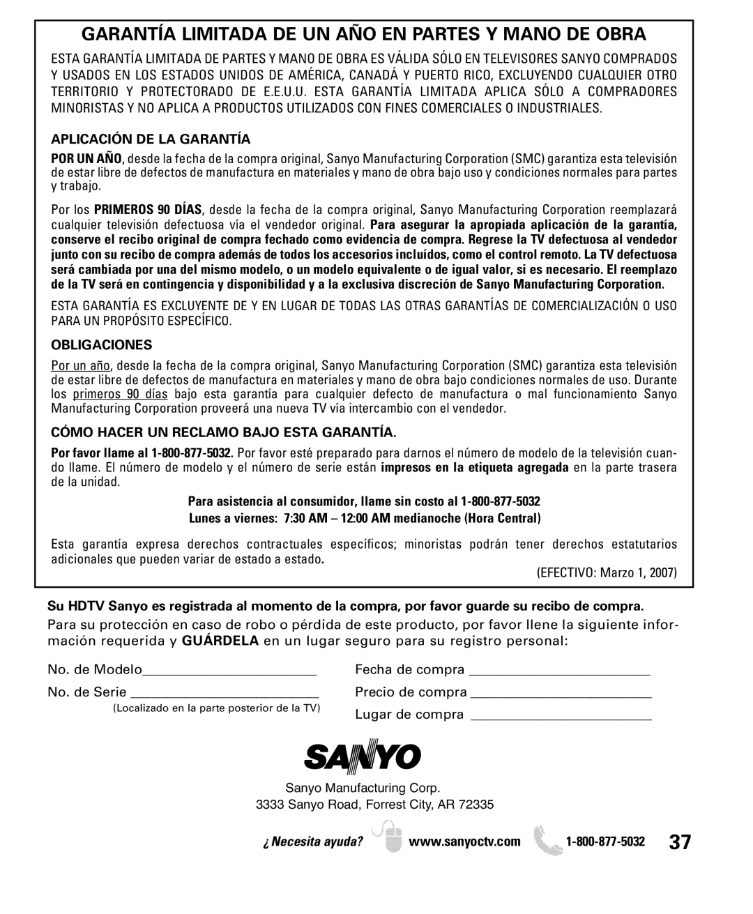 Sanyo DP32649 owner manual Garantía Limitada DE UN AÑO EN Partes Y Mano DE Obra, Aplicación DE LA Garantía, Obligaciones 