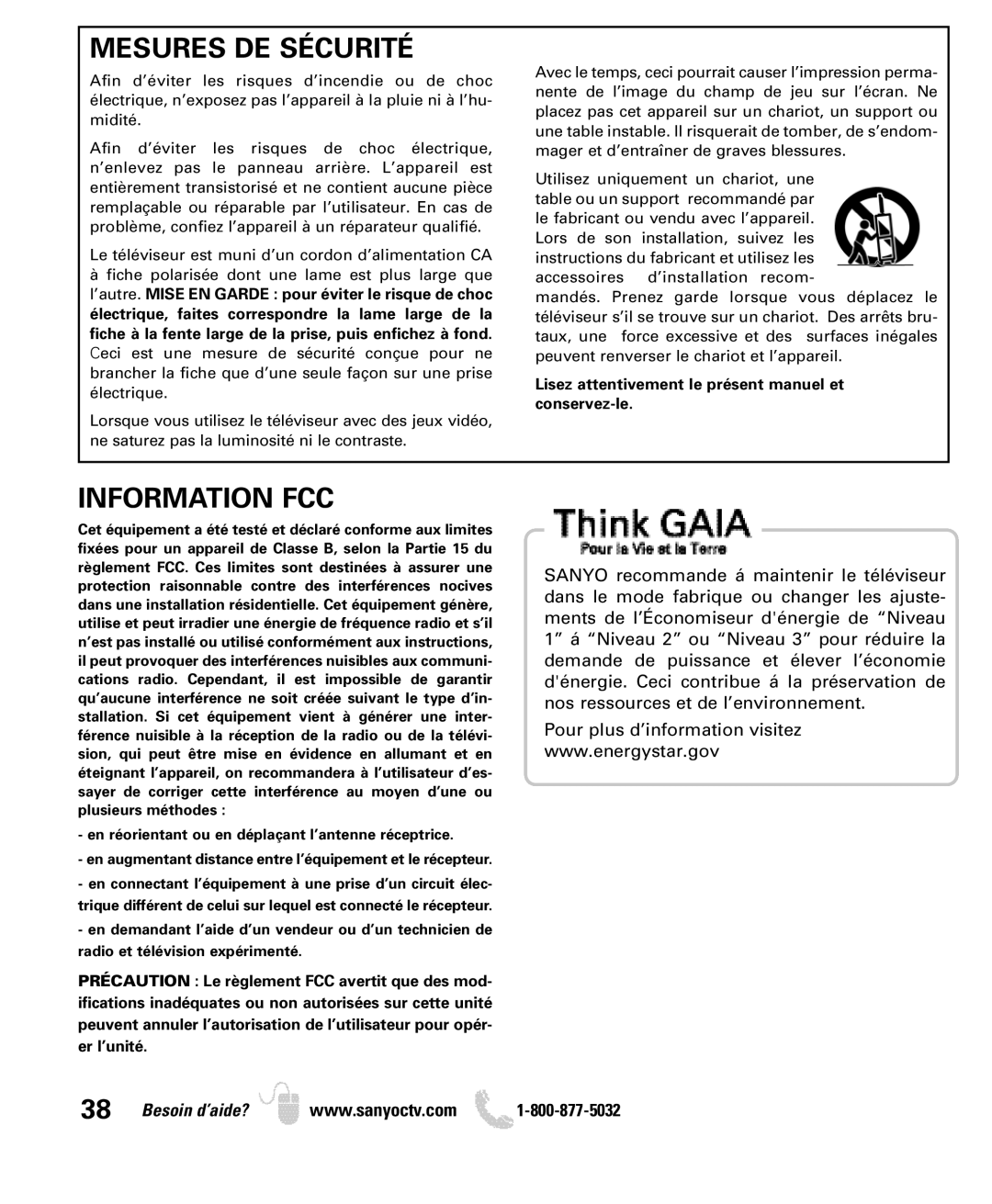 Sanyo DP32649 owner manual Mesures DE Sécurité, Information FCC 