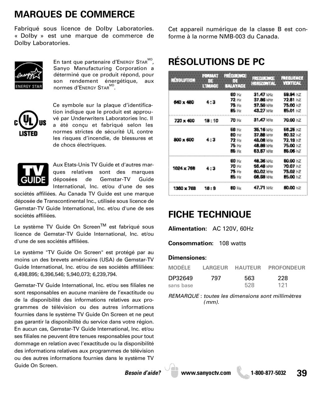 Sanyo DP32649 owner manual Marques DE Commerce, Résolutions DE PC Fiche Technique 