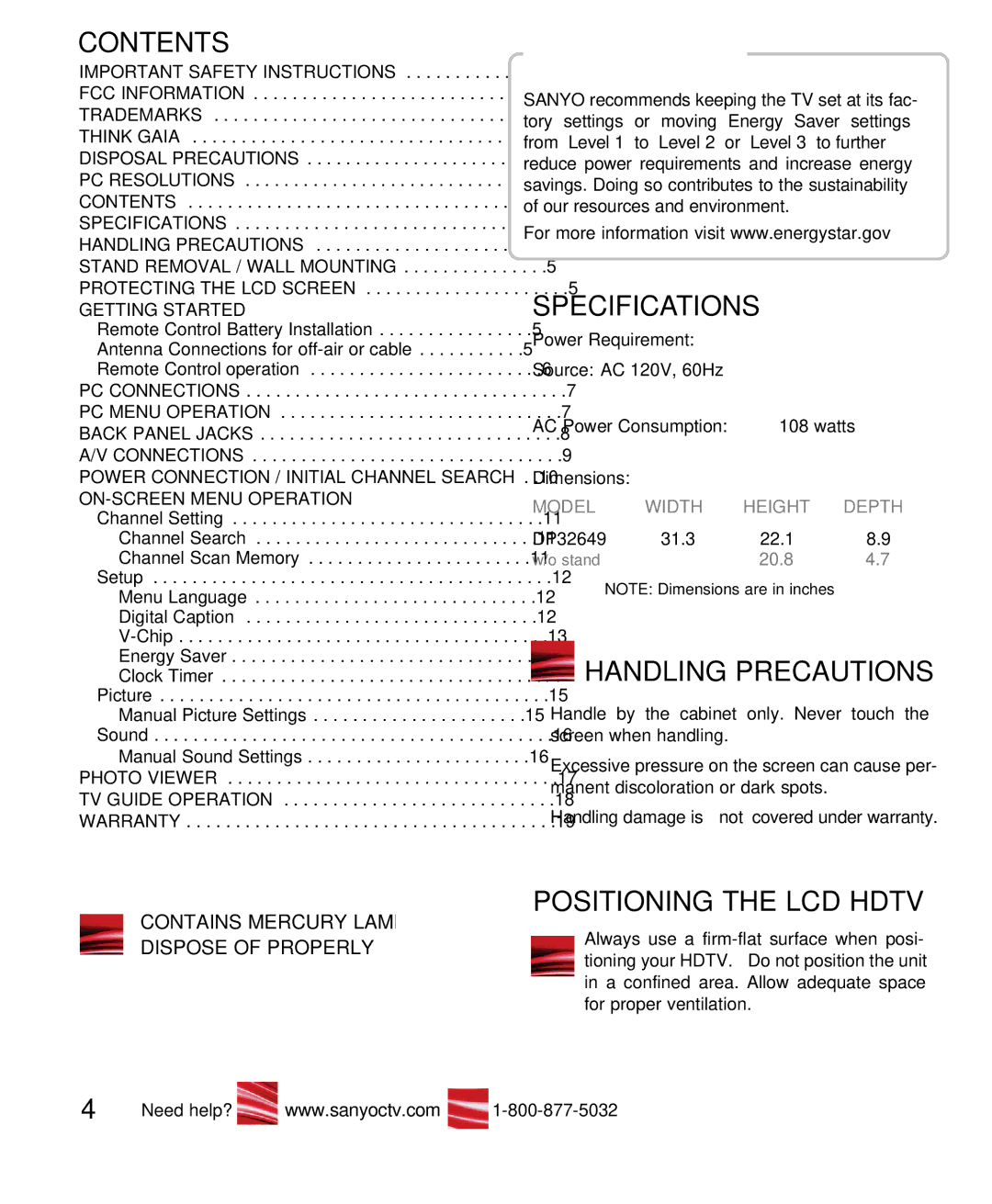 Sanyo DP32649 owner manual Contents, Specifications, Handling Precautions, Positioning the LCD Hdtv 