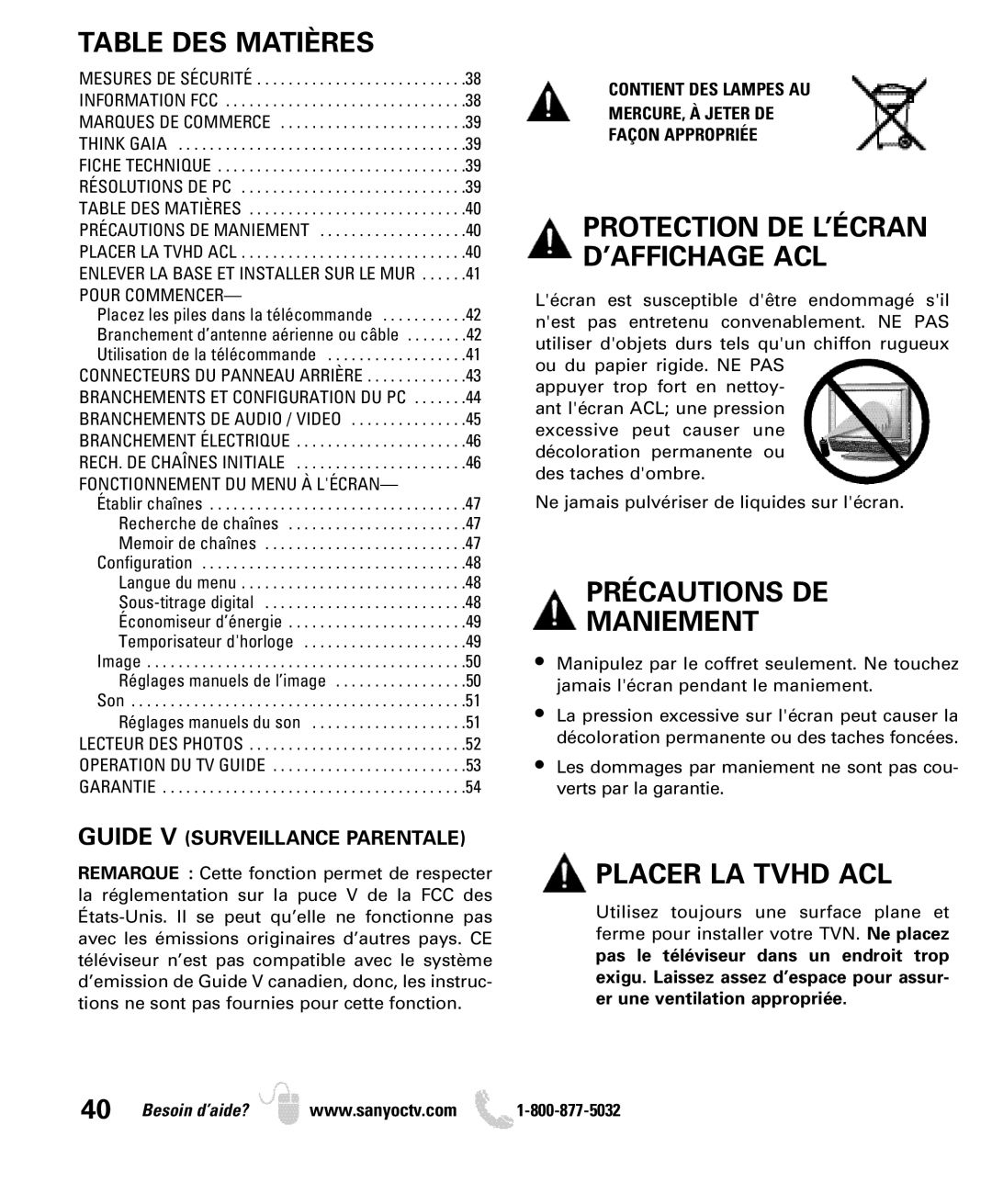 Sanyo DP32649 owner manual Table DES Matières, Précautions DE Maniement, Placer LA Tvhd ACL 