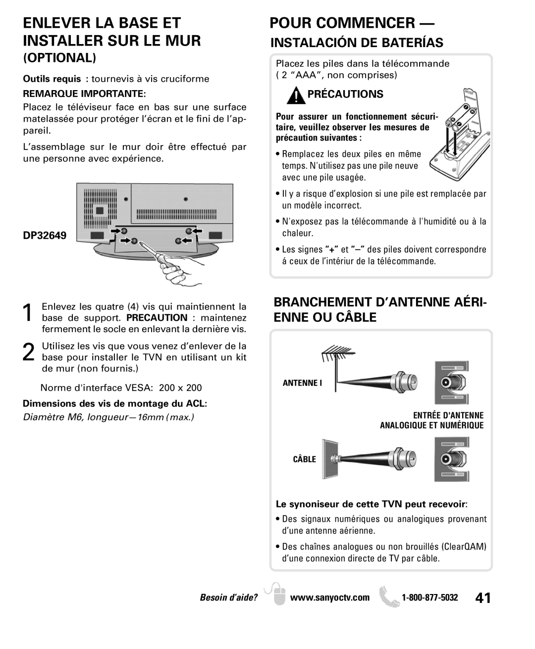 Sanyo DP32649 owner manual Pour Commencer, Optional, Branchement D’ANTENNE AÉRI- Enne OU Câble, Remarque Importante 