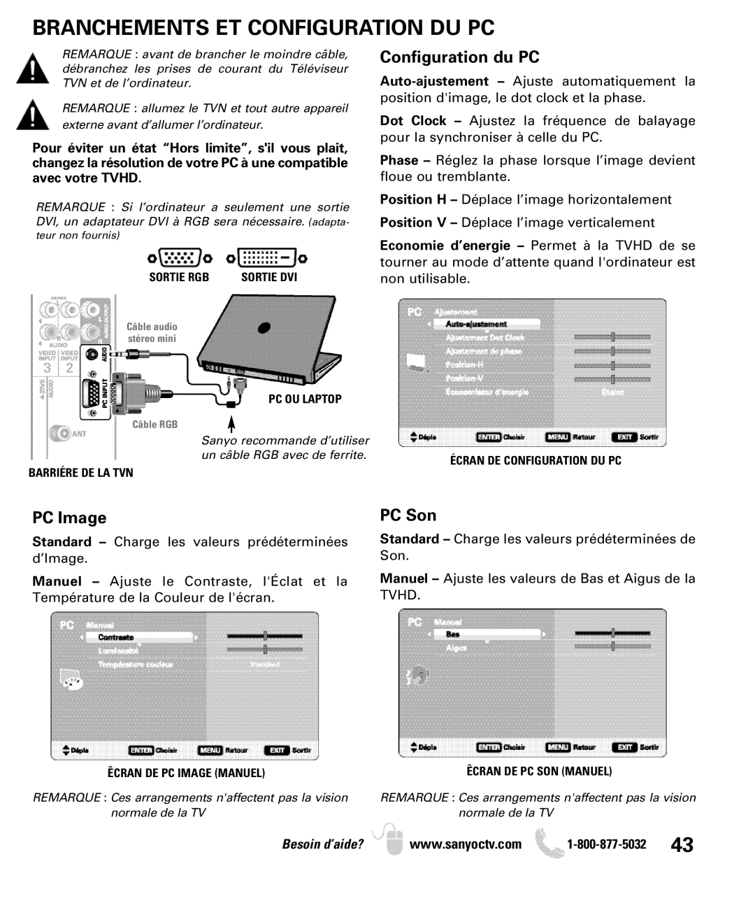 Sanyo DP32649 owner manual Branchements ET Configuration DU PC, Configuration du PC 