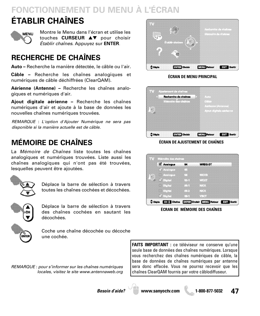 Sanyo DP32649 owner manual Fonctionnement DU Menu À Lécran Établir Chaînes, Recherche DE Chaînes, Mémoire DE Chaînes 