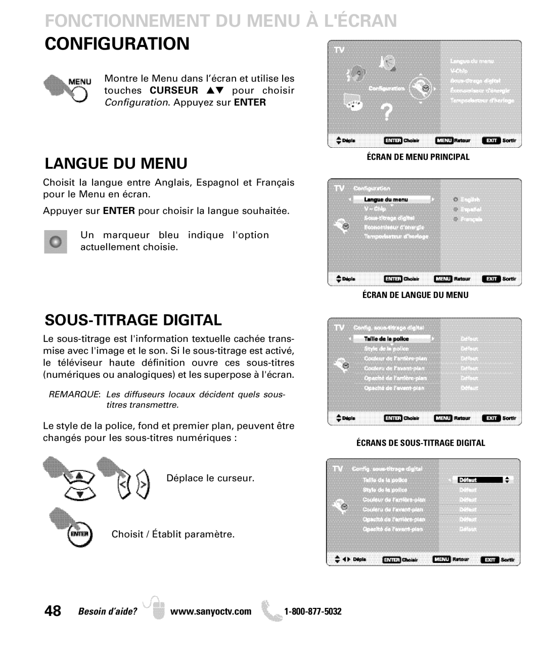 Sanyo DP32649 owner manual Fonctionnement DU Menu À Lécran Configuration, Langue DU Menu, SOUS-TITRAGE Digital 