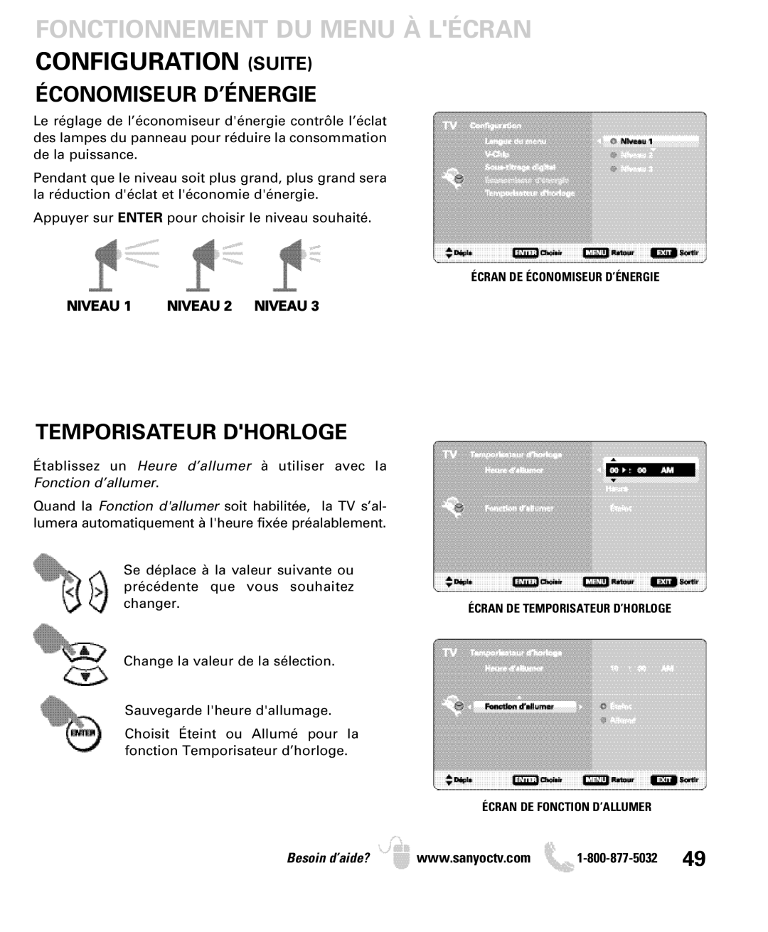 Sanyo DP32649 Fonctionnement DU Menu À Lécran Configuration Suite, Économiseur D’ÉNERGIE, Temporisateur Dhorloge 