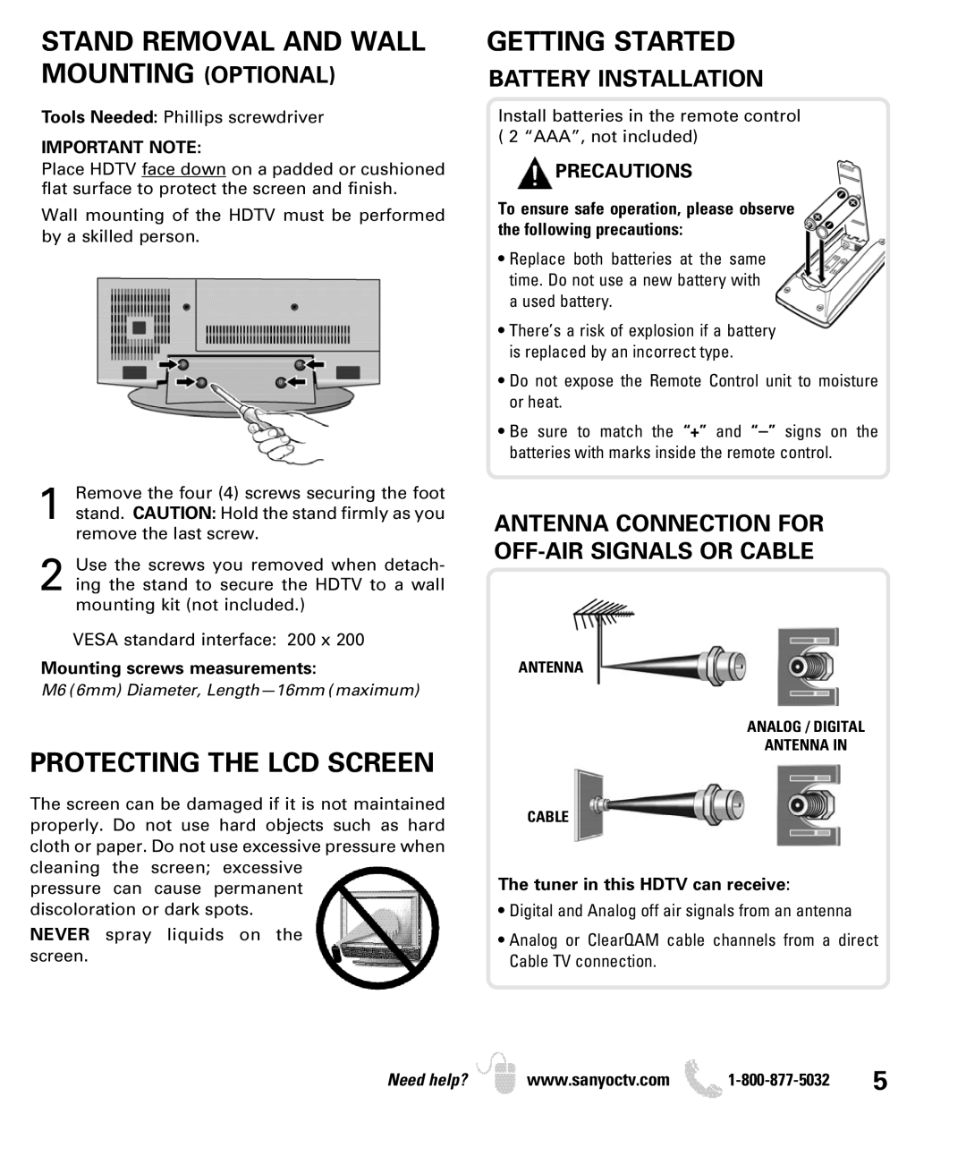 Sanyo DP32649 Stand Removal and Wall Mounting Optional, Protecting the LCD Screen, Getting Started, Battery Installation 