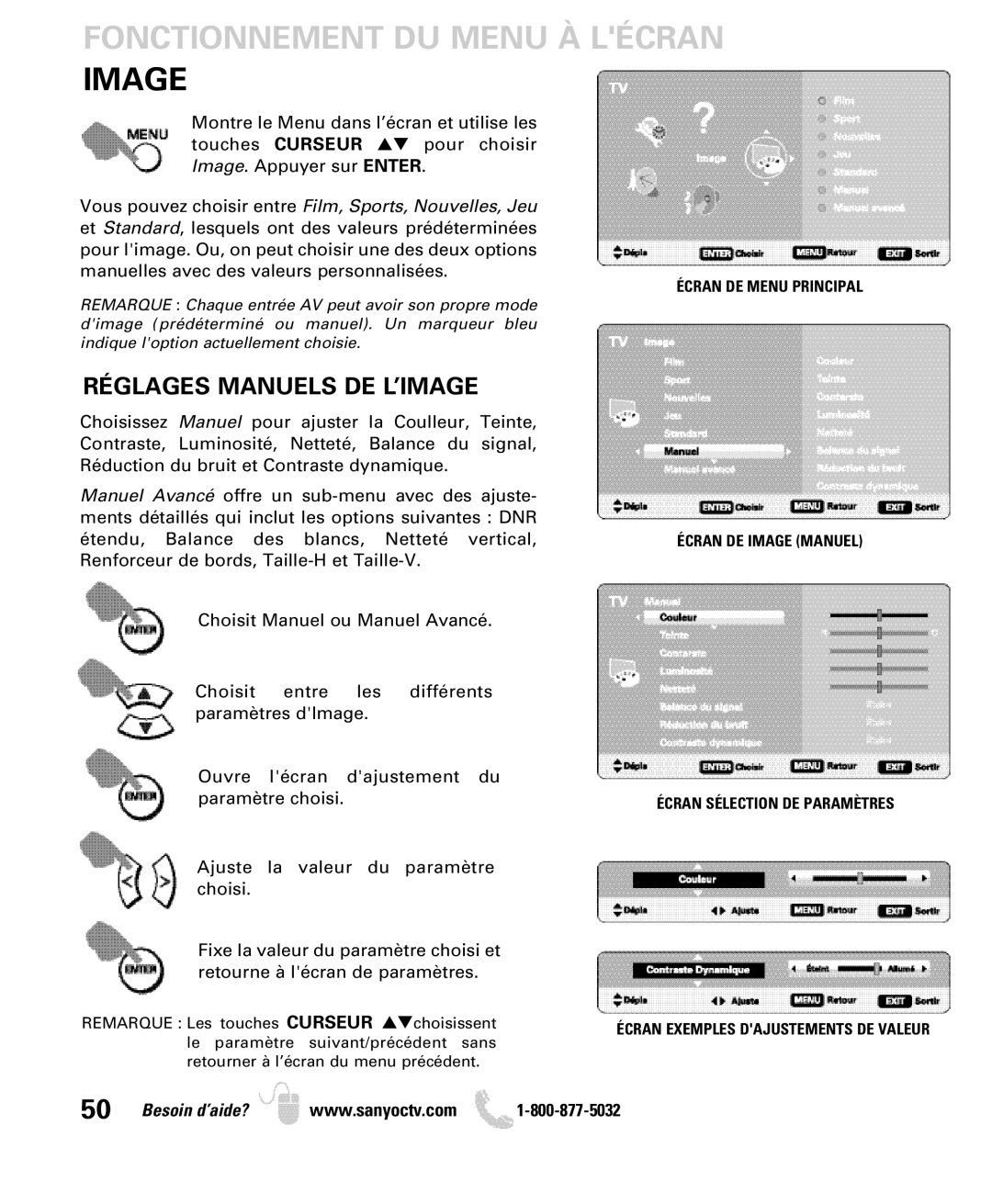 Sanyo DP32649 owner manual Fonctionnement DU Menu À Lécran, Réglages Manuels DE L’IMAGE 