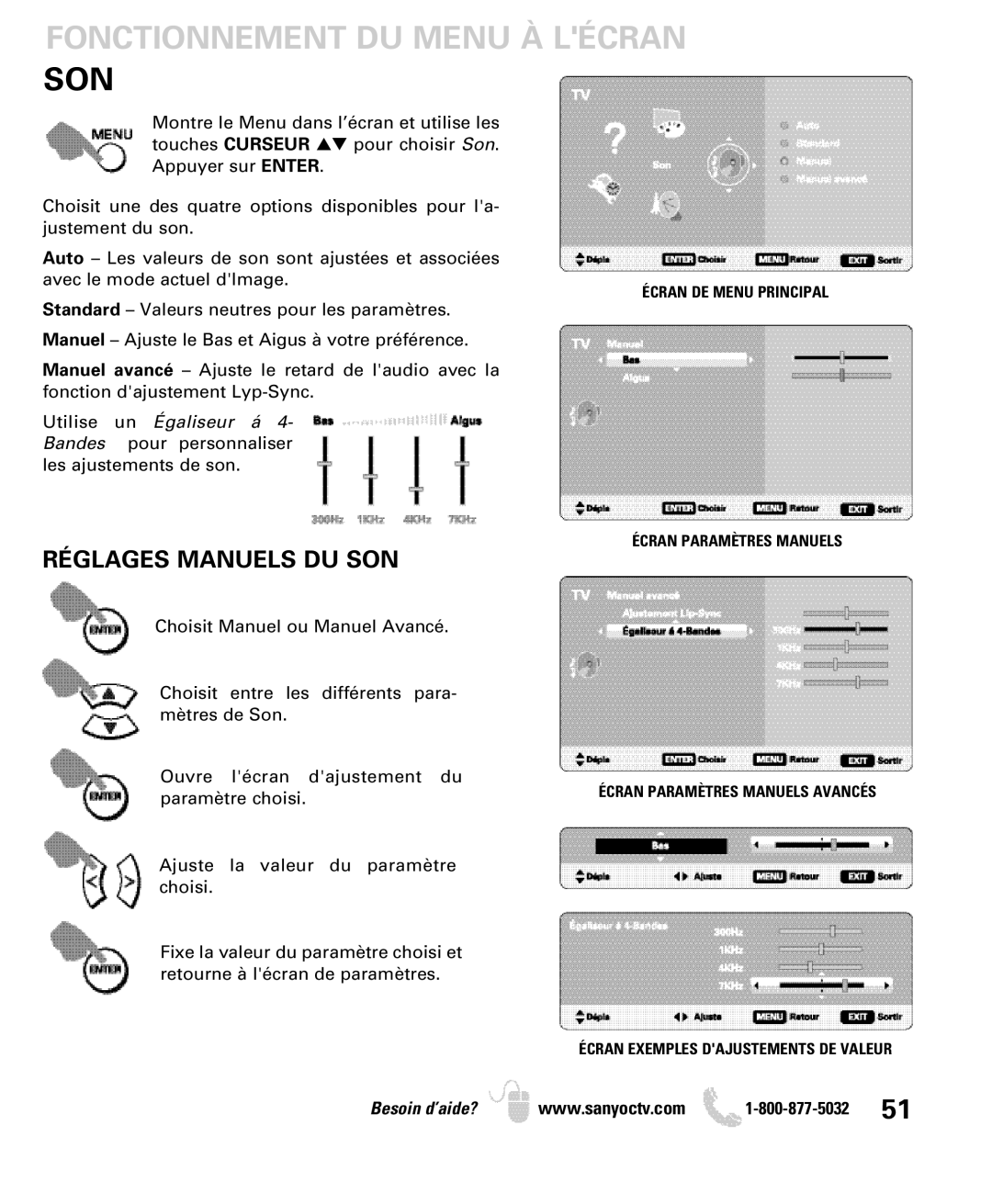 Sanyo DP32649 owner manual Fonctionnement DU Menu À Lécran SON, Réglages Manuels DU SON 