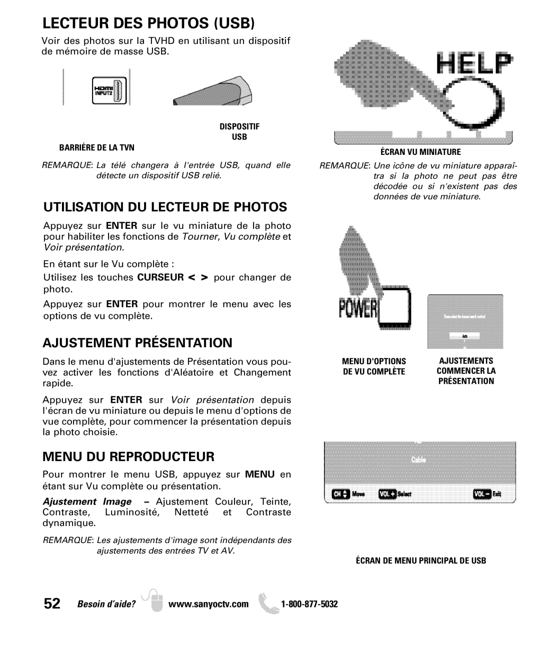 Sanyo DP32649 Lecteur DES Photos USB, Utilisation DU Lecteur DE Photos, Ajustement Présentation, Menu DU Reproducteur 