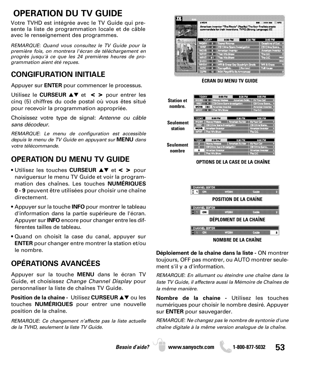 Sanyo DP32649 owner manual Operation DU TV Guide, Congifuration Initiale, Operation DU Menu TV Guide, Opérations Avancées 