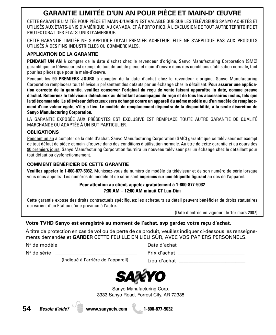 Sanyo DP32649 owner manual Garantie Limitée DUN AN Pour Pièce ET MAIN-D Œuvre, Application DE LA Garantie 