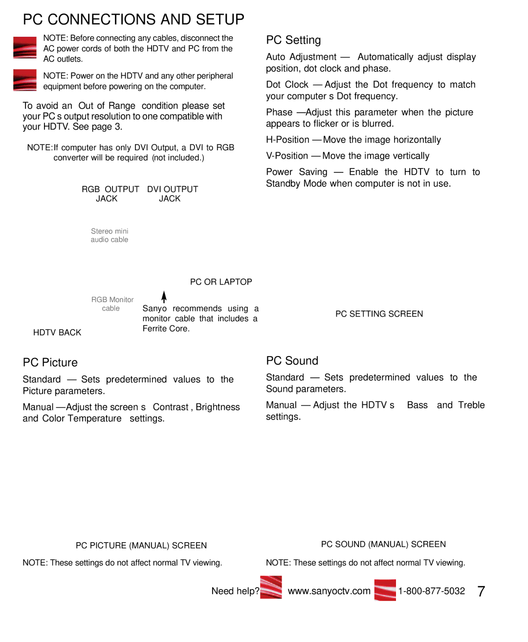 Sanyo DP32649 owner manual PC Connections and Setup, PC Setting 