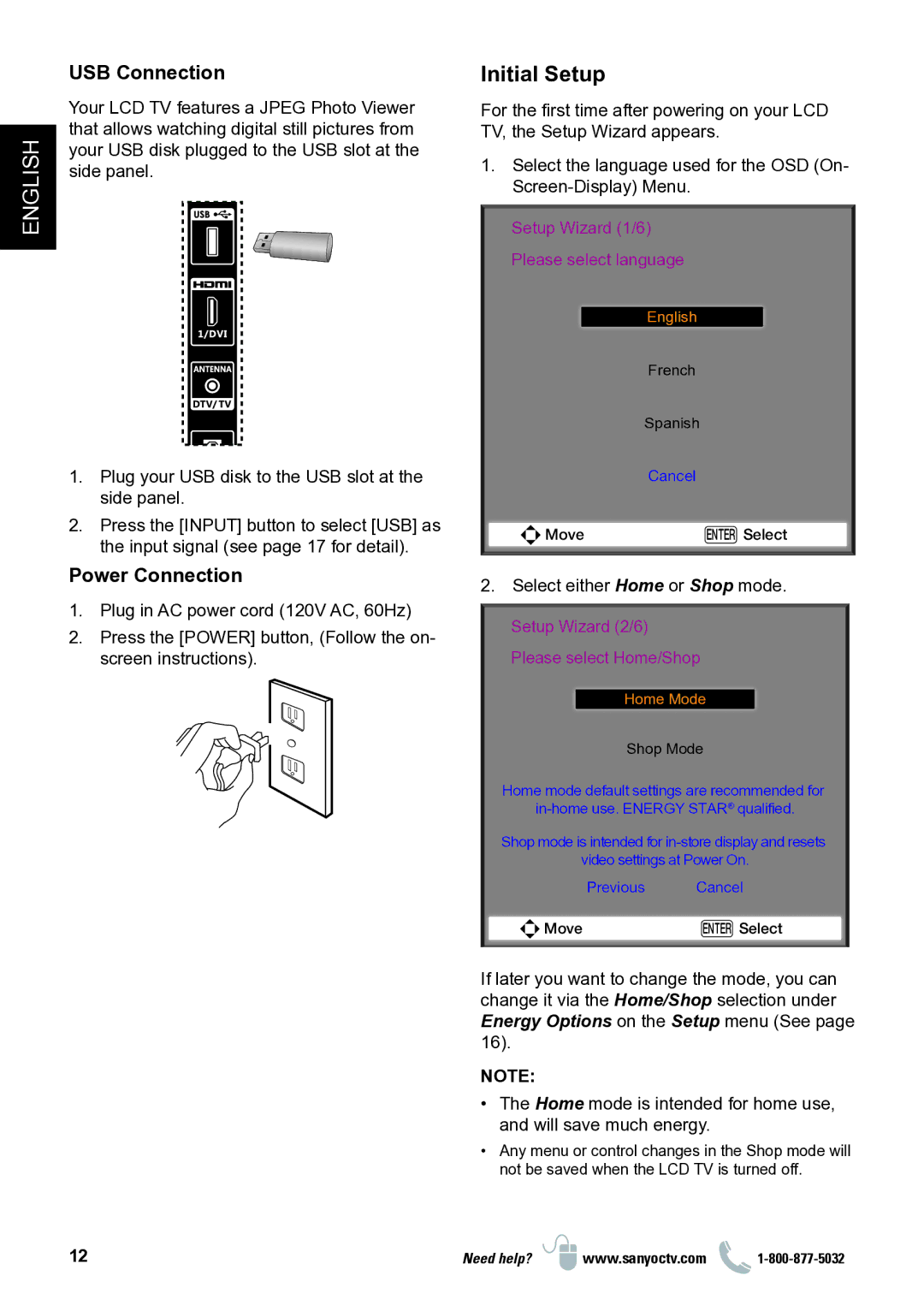 Sanyo DP32D13 manual Initial Setup, USB Connection, Power Connection 