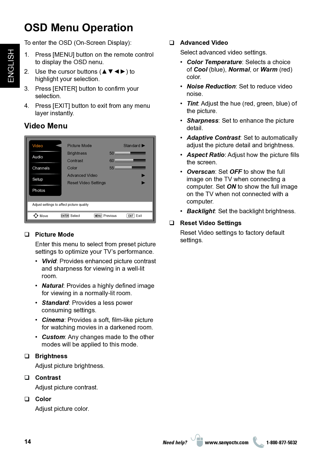 Sanyo DP32D13 manual OSD Menu Operation, Video Menu 