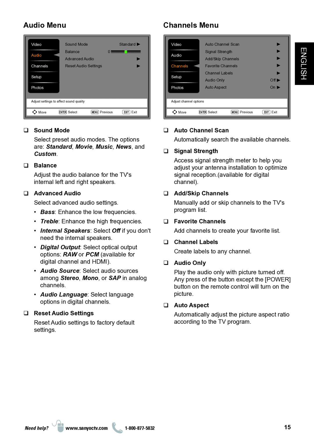 Sanyo DP32D13 manual Audio Menu Channels Menu 