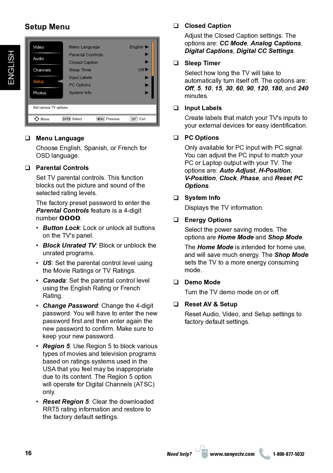Sanyo DP32D13 manual Setup Menu, ‰‰ Menu Language, ‰‰ Parental Controls, ‰‰ System Info, ‰‰ Demo Mode 