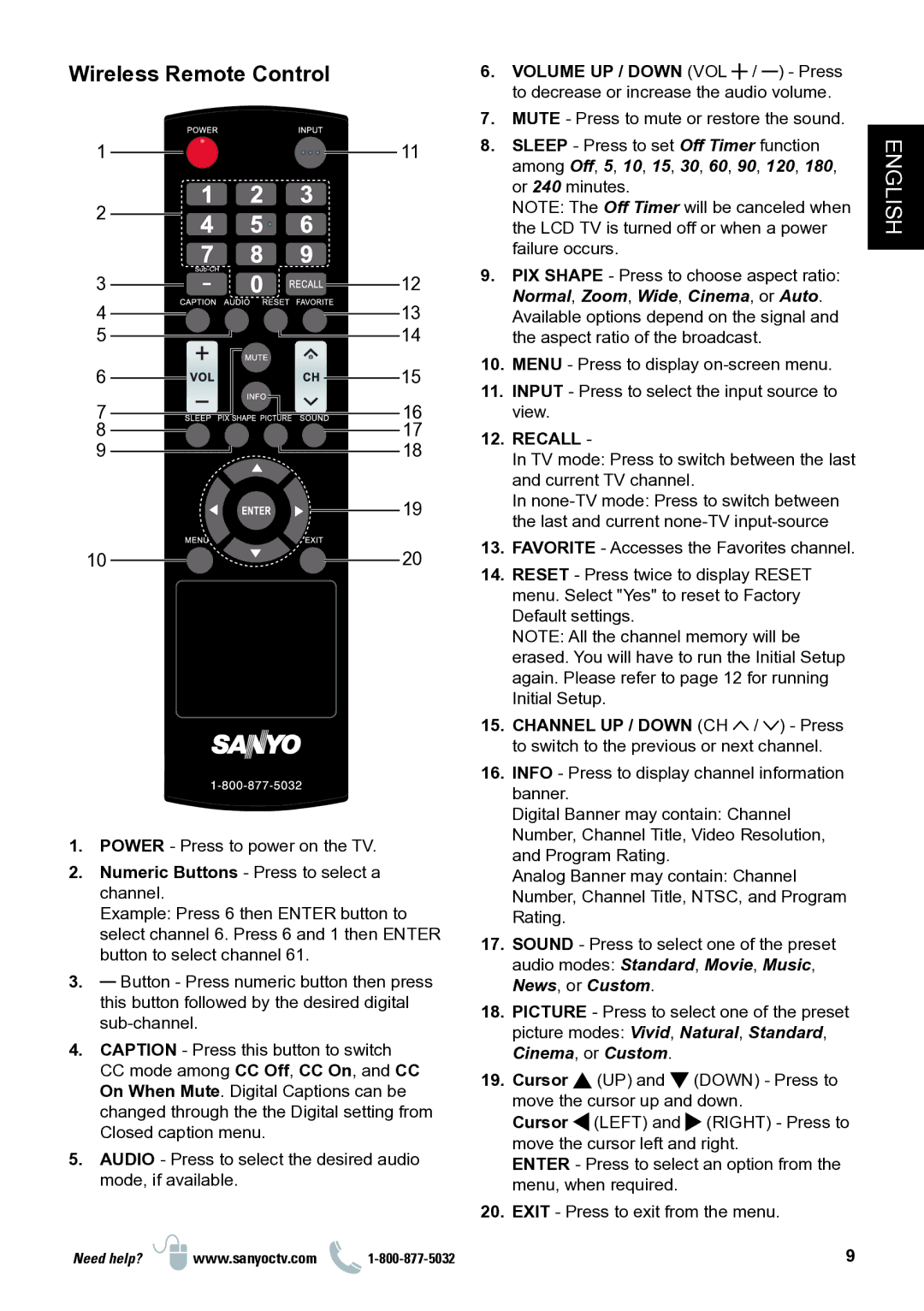 Sanyo DP32D13 manual Wireless Remote Control, Volume UP / Down VOL 