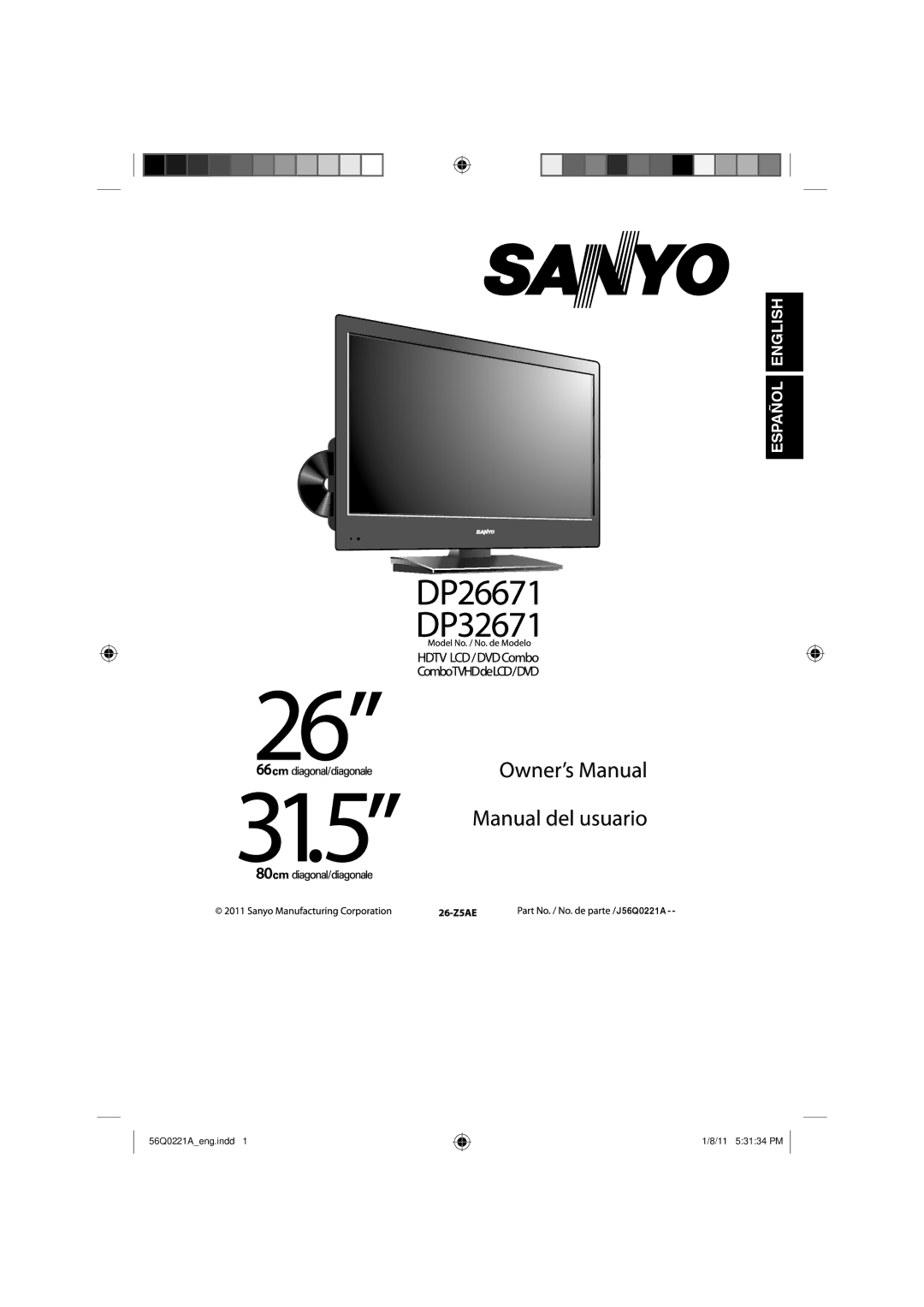 Sanyo DP32671, DP36671, DP26671 manual Español English 