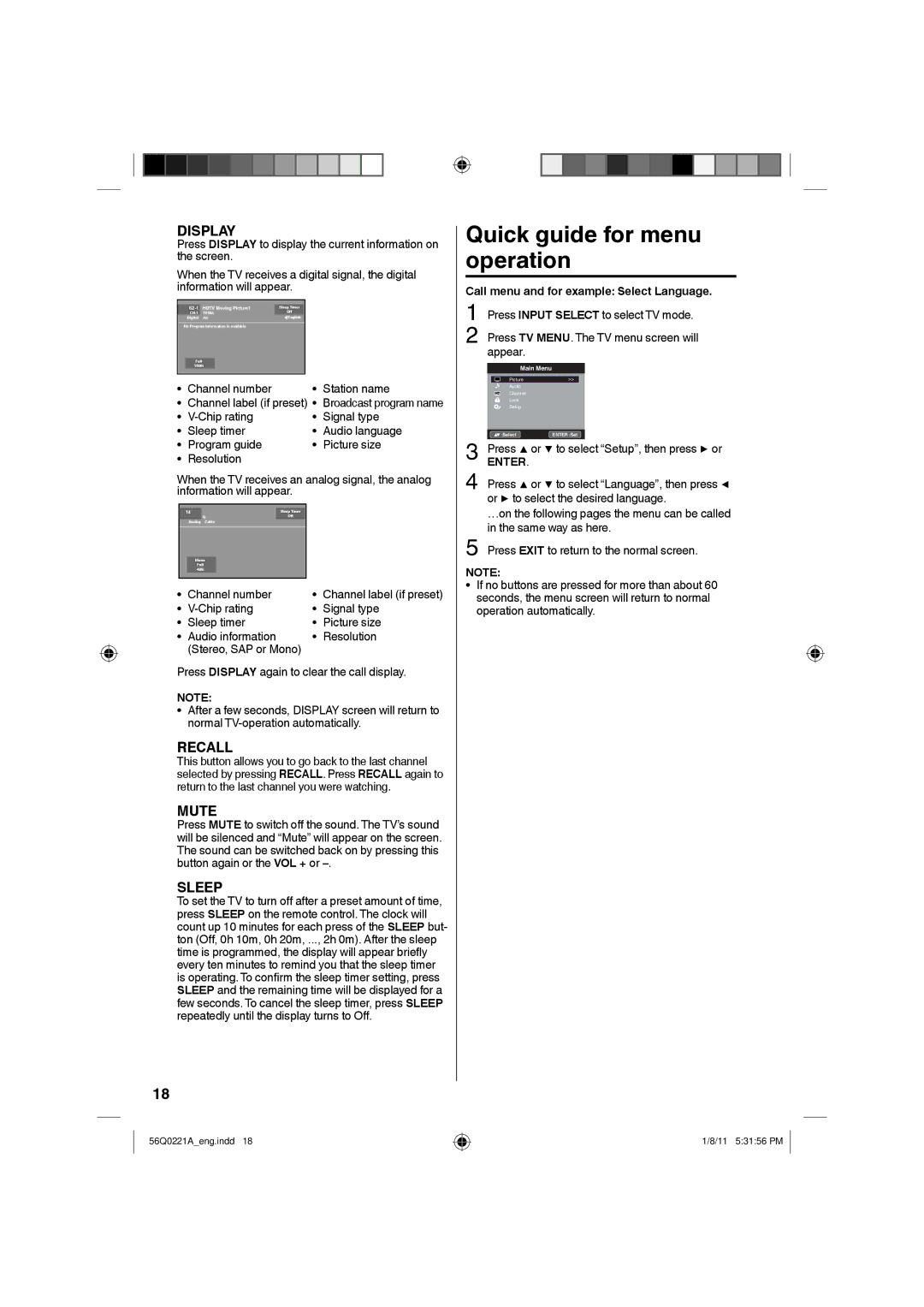 Sanyo DP36671 Quick guide for menu operation, Channel number Station name, Press TV MENU. The TV menu screen will appear 