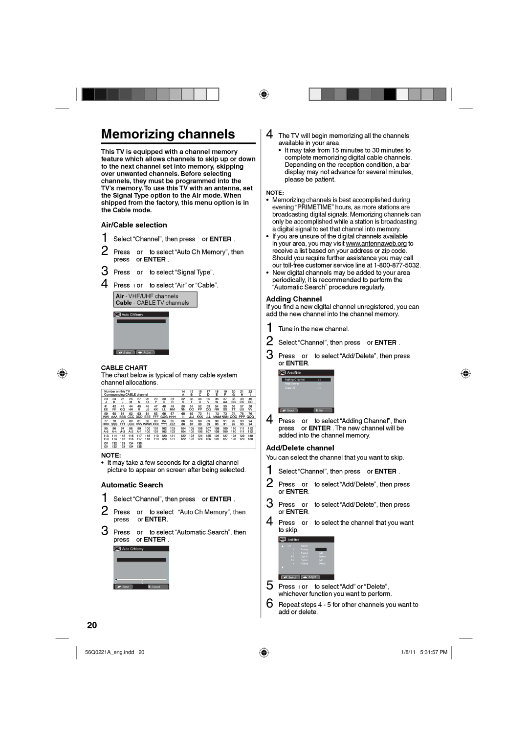 Sanyo DP26671, DP36671 manual Memorizing channels, Air/Cable selection, Automatic Search, Adding Channel, Add/Delete channel 