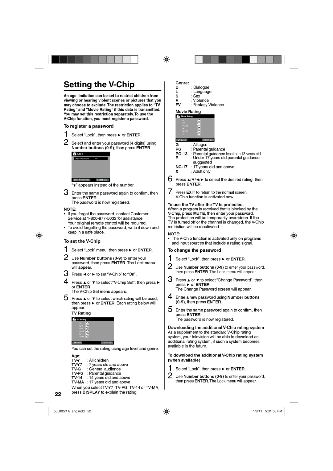 Sanyo DP32671, DP36671, DP26671 manual Setting the V-Chip, To register a password, To set the V-Chip, To change the password 