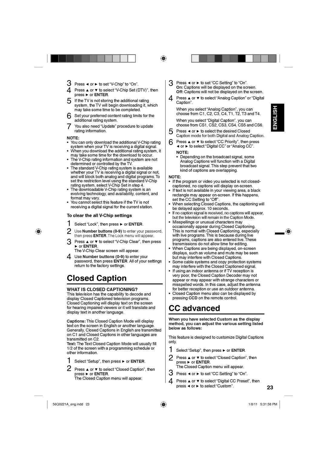 Sanyo DP26671, DP36671, DP32671 manual Closed Caption, CC advanced, To clear the all V-Chip settings, Or Enter 