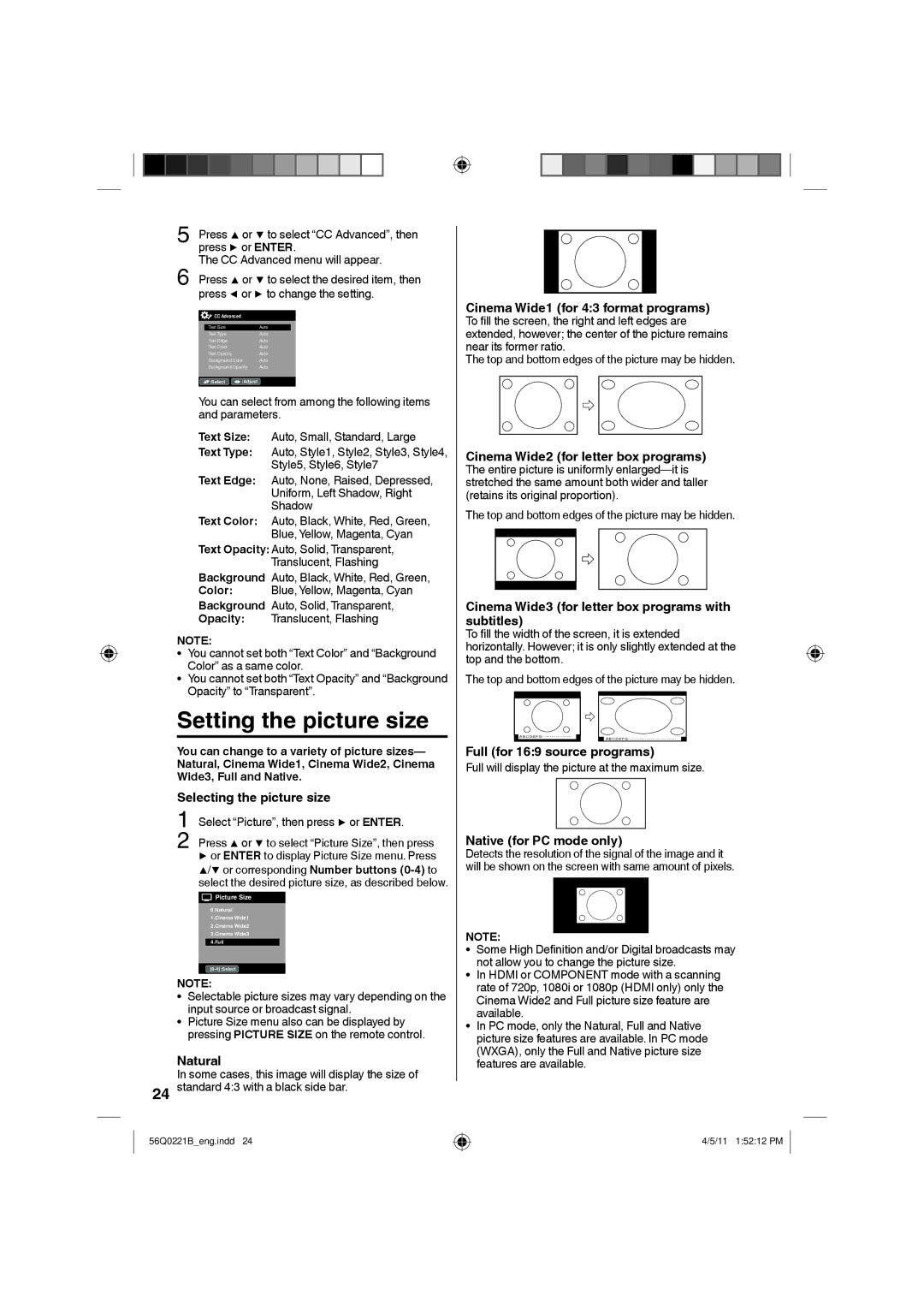 Sanyo DP36671, DP32671, DP26671 manual Setting the picture size 