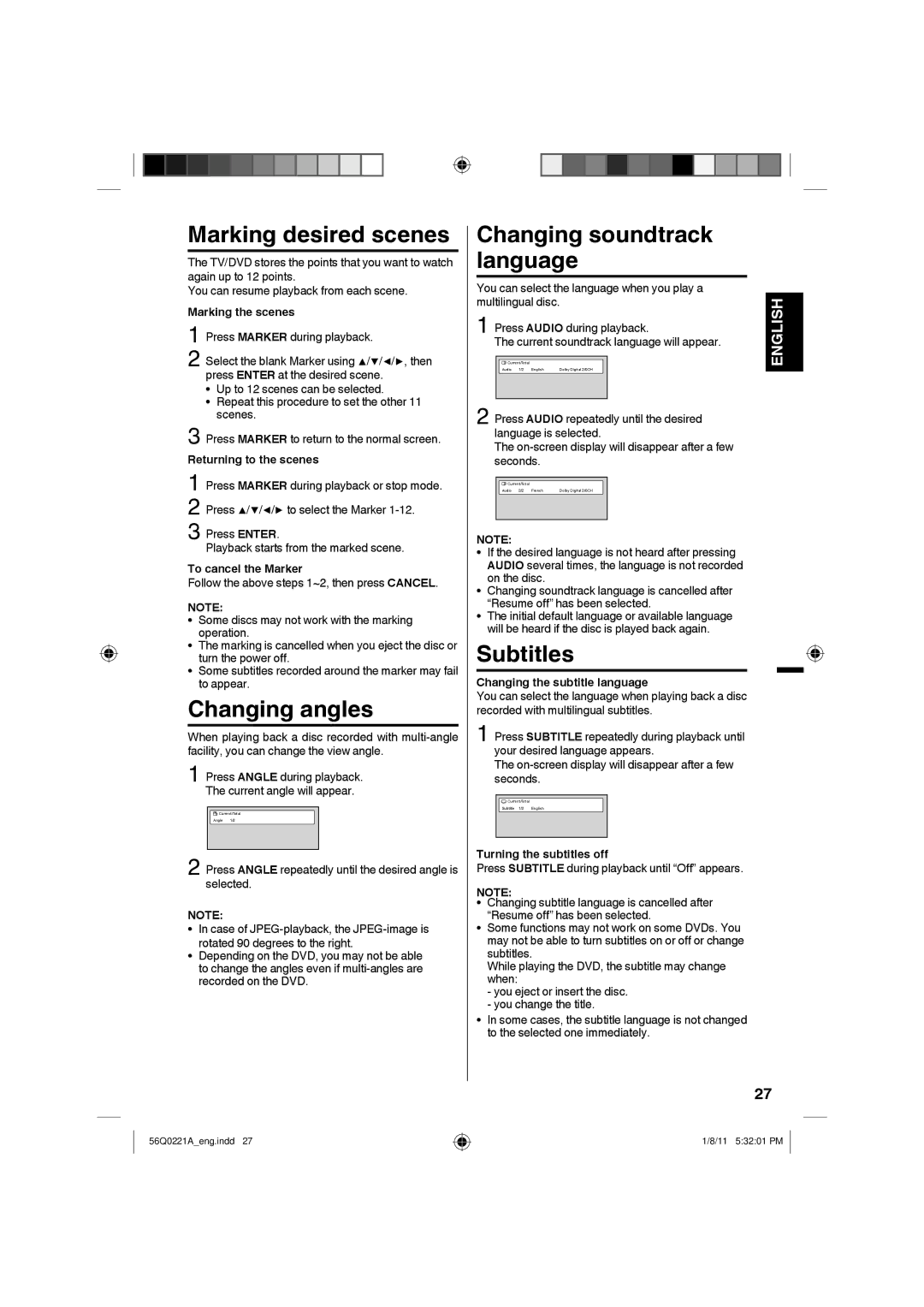 Sanyo DP36671, DP32671, DP26671 manual Marking desired scenes, Changing angles, Changing soundtrack language 