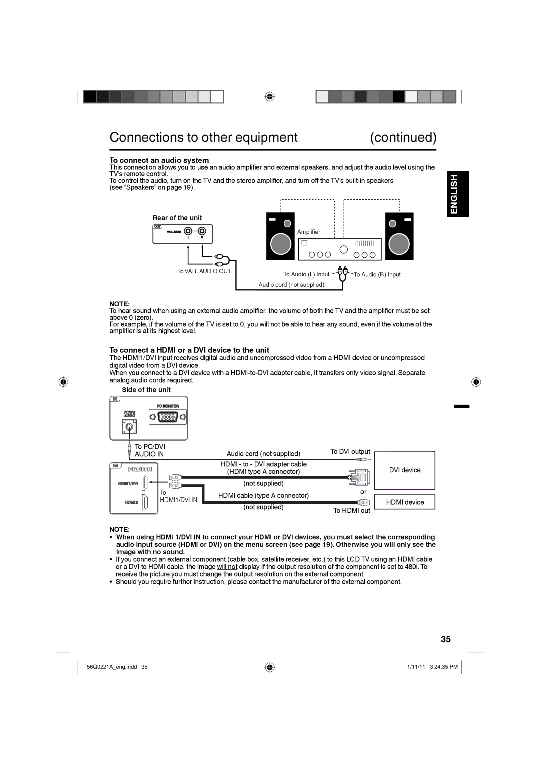 Sanyo DP26671, DP36671, DP32671 manual To connect an audio system, To connect a Hdmi or a DVI device to the unit, HDMI1/DVI 