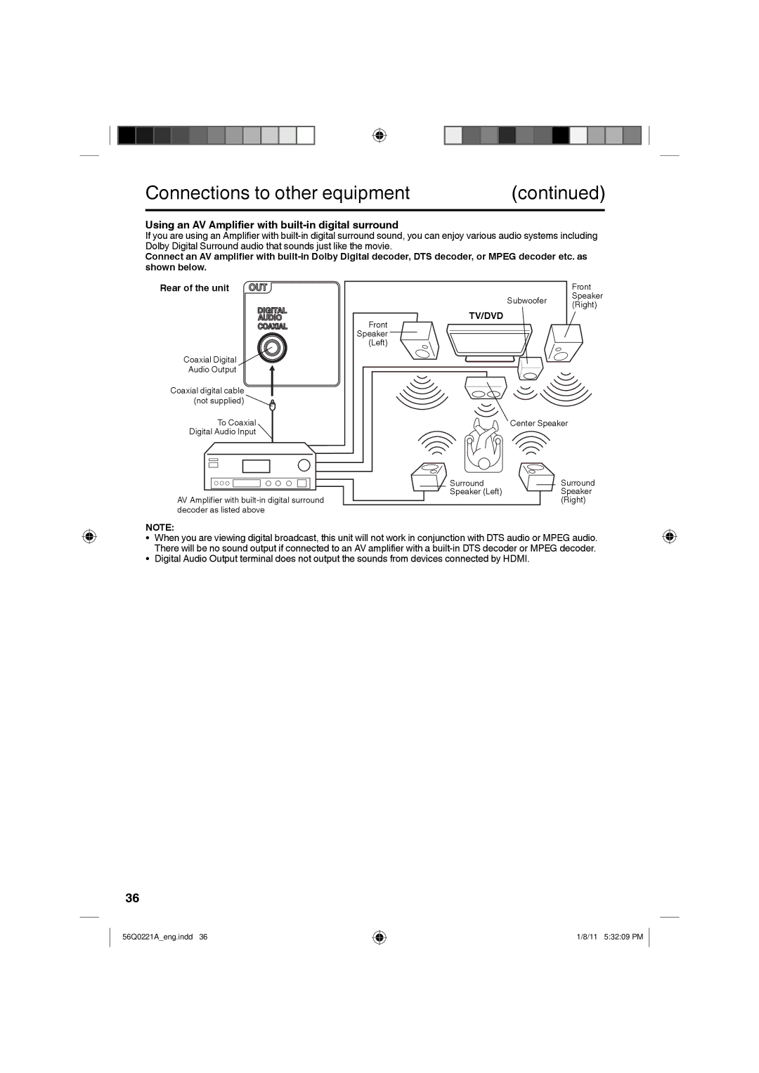 Sanyo DP36671, DP32671, DP26671 manual Using an AV Amplifier with built-in digital surround, Tv/Dvd 