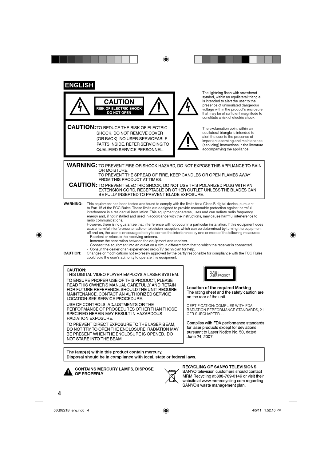 Sanyo DP32671, DP36671, DP26671 manual Location of the required Marking, Contains Mercury LAMPS, Dispose of Properly 