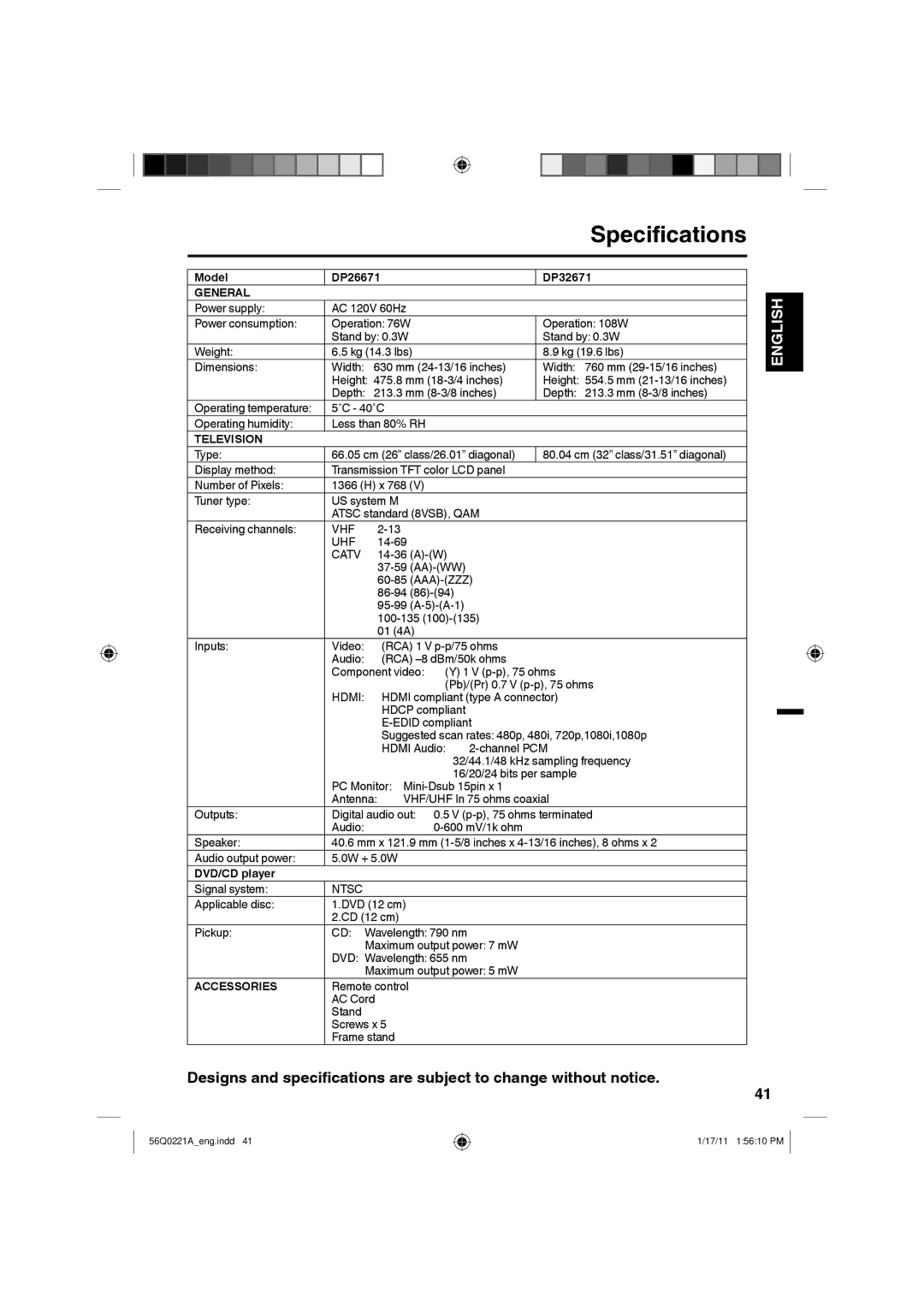 Sanyo DP26671, DP36671, DP32671 manual Specifications, General, Television, Accessories 