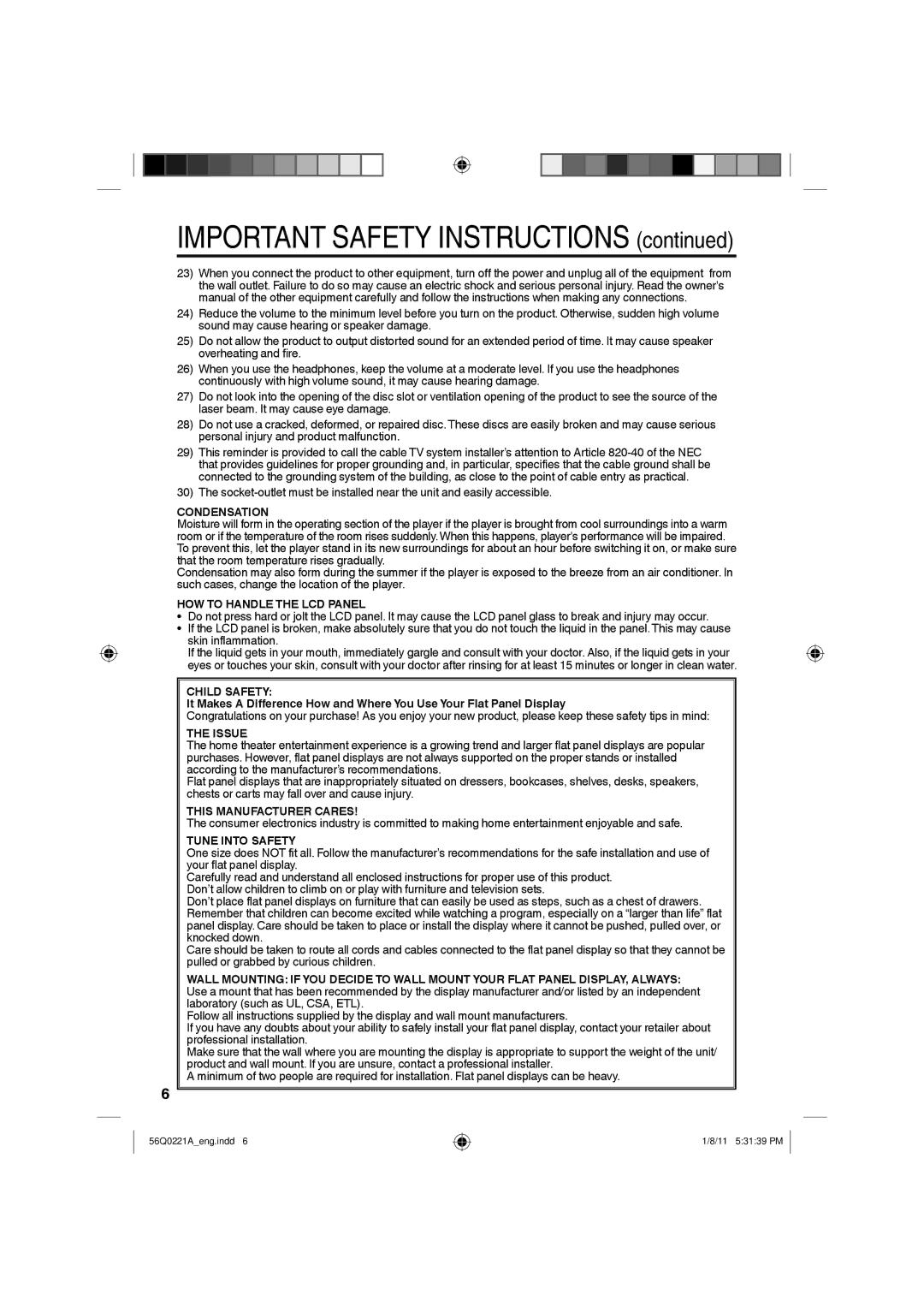 Sanyo DP36671 Condensation, HOW to Handle the LCD Panel, Child Safety, Issue, This Manufacturer Cares, Tune Into Safety 