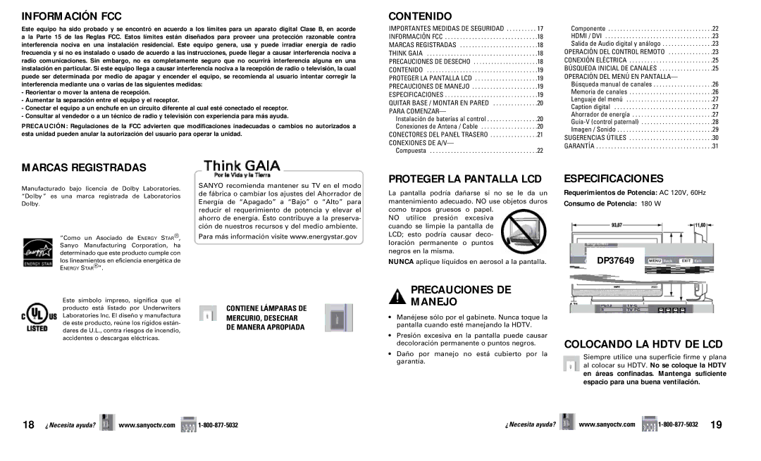 Sanyo DP37649 owner manual Información FCC, Contenido, Marcas Registradas, Proteger LA Pantalla LCD, Especificaciones 