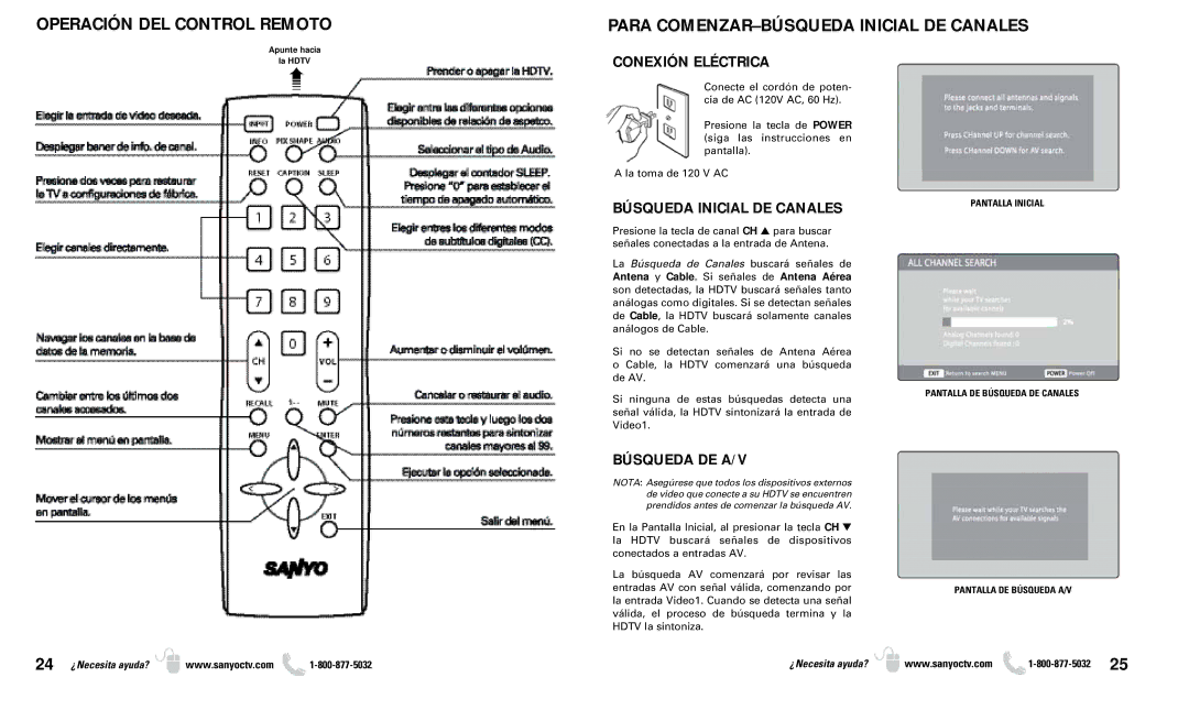 Sanyo DP37649 Operación DEL Control Remoto, Para COMENZAR-BÚSQUEDA Inicial DE Canales, Conexión Eléctrica, Búsqueda DE A/V 