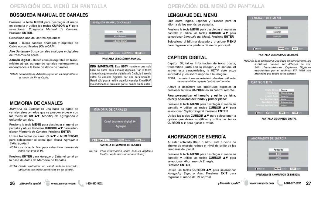 Sanyo DP37649 Búsqueda Manual DE Canales, Lenguaje DEL Menú, Caption Digital, Memoria DE Canales, Ahorrador DE Energía 