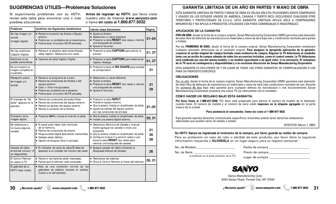 Sanyo DP37649 Garantía Limitada DE UN AÑO EN Partes Y Mano DE Obra, 21-24, Aplicación DE LA Garantía, Obligaciones 