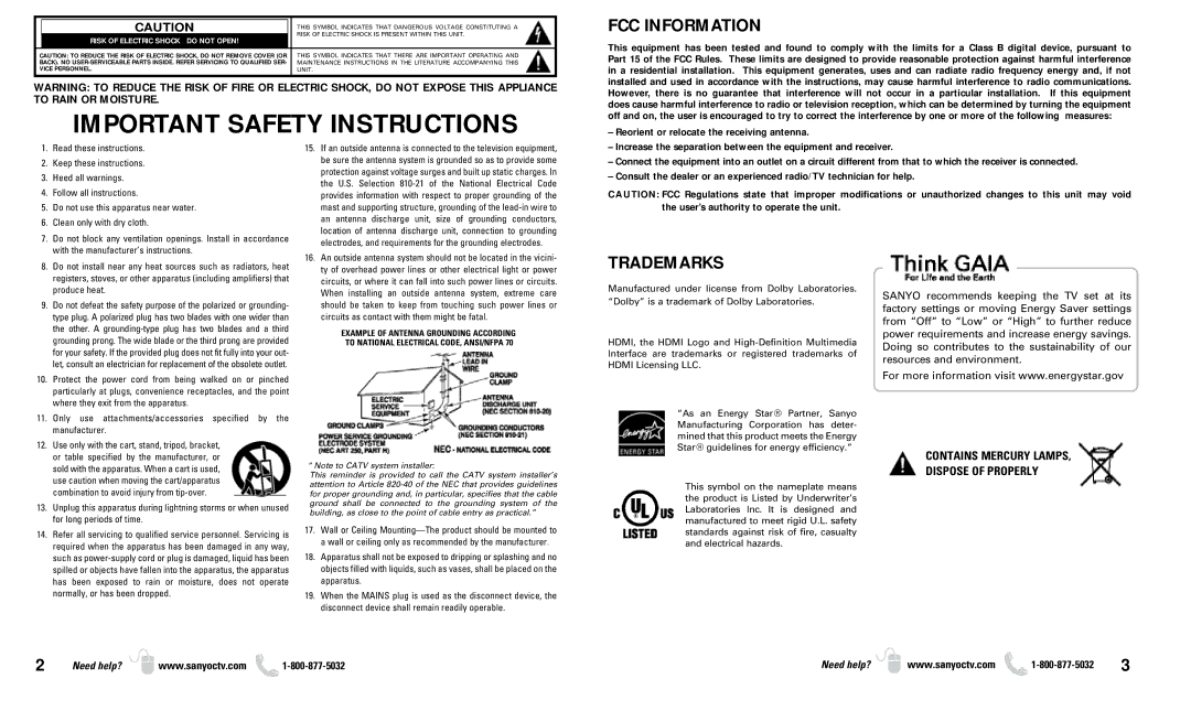 Sanyo DP37649 owner manual FCC Information, Trademarks, Contains Mercury LAMPS, Dispose of Properly 