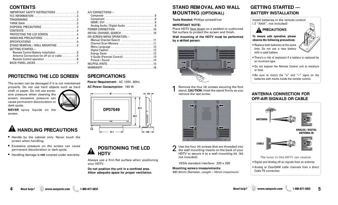 Sanyo DP37649 owner manual Contents, Stand Removal and Wall Mounting Optional, Getting Started, Protecting the LCD Screen 