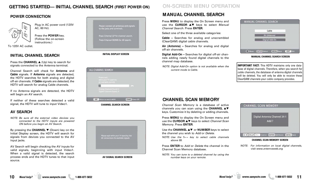 Sanyo DP37649 Getting STARTED- Initial Channel Search First Power on, Manual Channel Search, Channel Scan Memory 