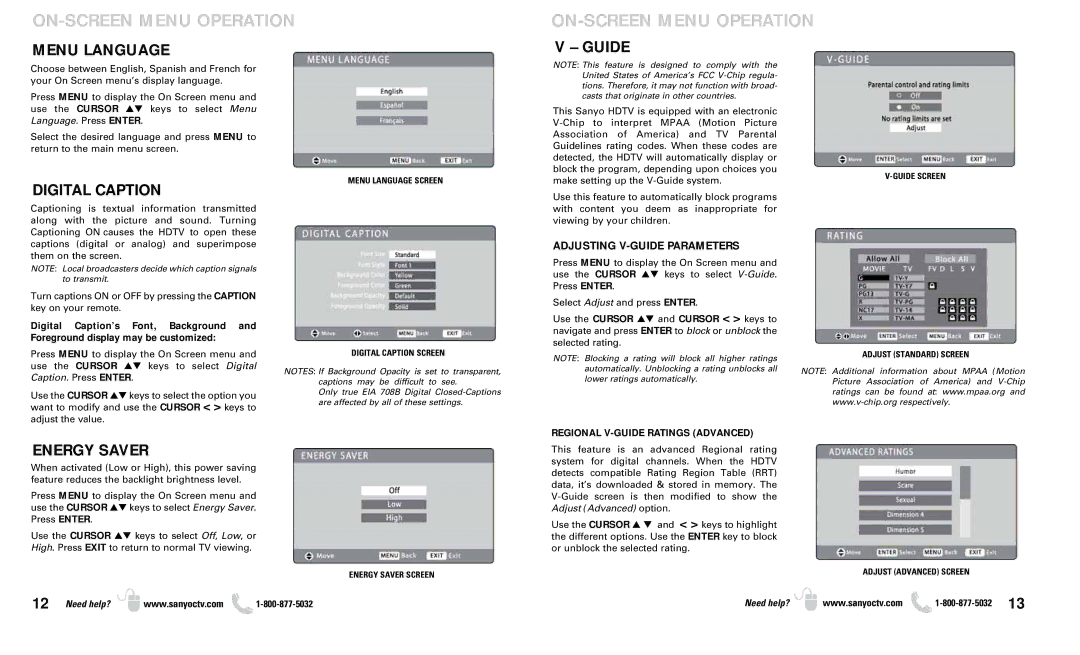 Sanyo DP37649 owner manual Menu Language, Guide, Digital Caption, Energy Saver, Adjusting V-GUIDE Parameters 