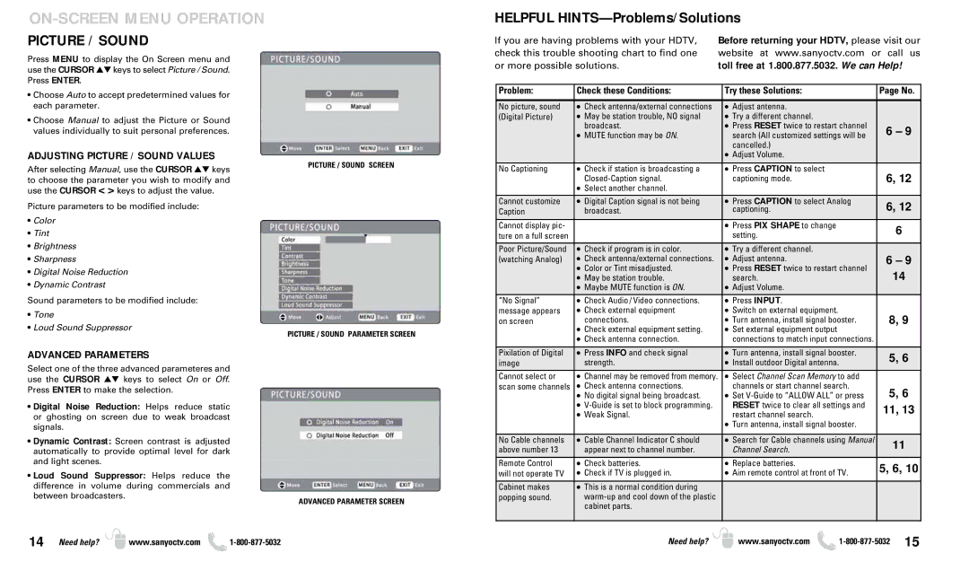 Sanyo DP37649 owner manual Adjusting Picture / Sound Values, Advanced Parameters 